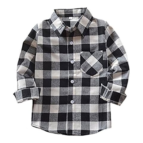 Askwind Kid Girl Boy Long Sleeve Button Down Plaid Flannel Shirt (Black-White, 9-10Years) Cover