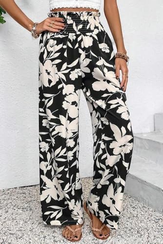 SELINK Casual Loose Pants for Women Boho Floral Print Smocked High Waist Straight Wide Leg Elastic Daily Trousers3