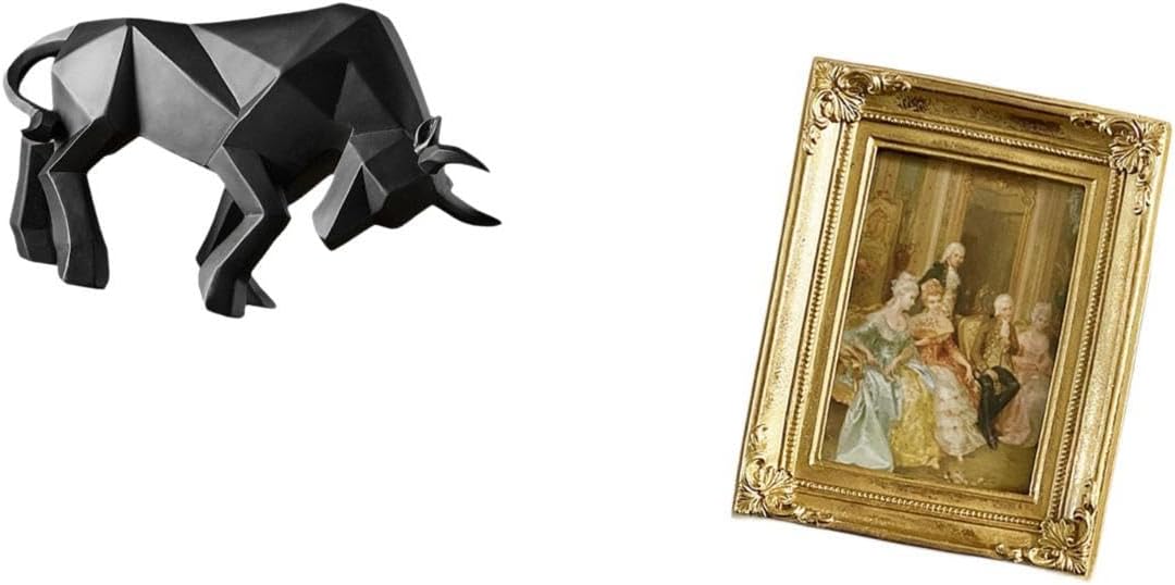 Modern Resin Bull Sculpture and Photo Frame Card Display Holder Abstract Figurine Glass Front Picture Frame for Entryway Tabletop Desk Shelf Office Be