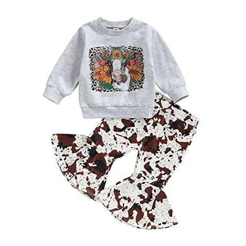 Image of Karuedoo Toddler Baby Girl Western Outfit Letter Print Sweatshirt Top Cow Printed Flare Pants Set 2PCS Fall Winter Outfits