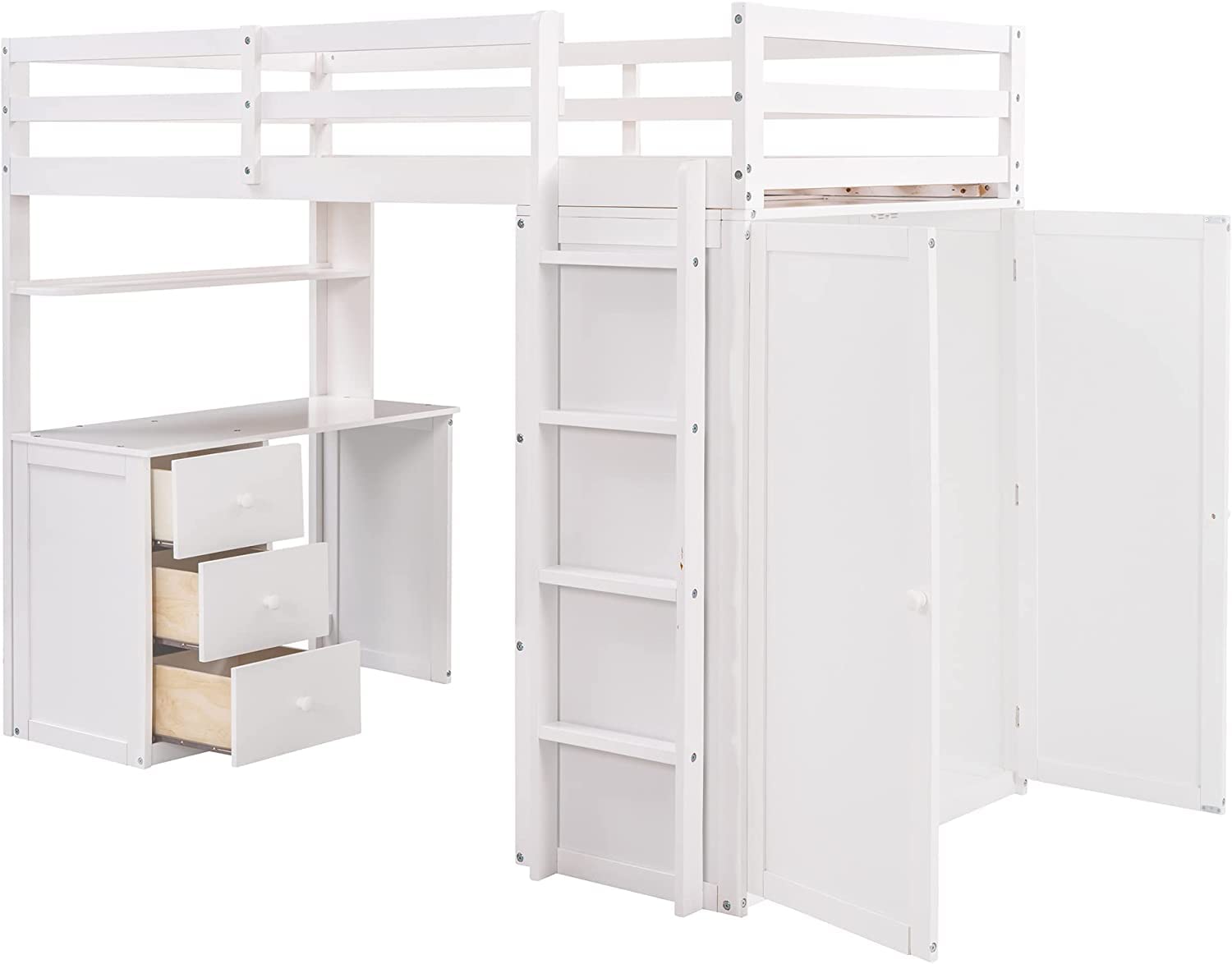 ( incomplete )  Twin Size Loft Bed with Storage & One Desk & One Shelve & Three Drawers & Wardrobe Design for Kids Bedroom,Solid Wood Bedframe w/Ladder & Guardrails,No Box Spring Required, White