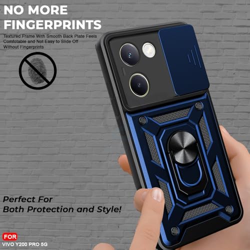 Image of AESTMO Polycarbonate Tough Armor Vivo Y200 Pro 5G Bumper Back Case Cover | Ring Holder & Sliding Camera Shield Cover | 360 Degree Protection Back Case Cover for Vivo Y200 Pro 5G (Blue)
