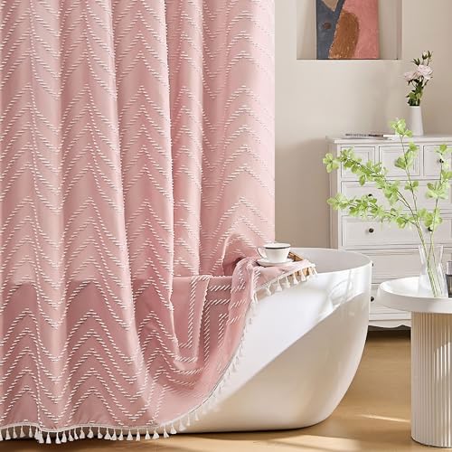 Siiluminisoy Rideau de Douche en Tissu tissé à Pampilles de Style bohème Moderne texturé touffeté à Rayures pour Salle de Bain, 183 x 183 cm, Rose