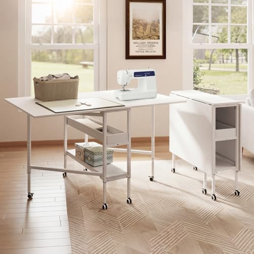Levede Folding Adjustable Sewing Table Height 84-102cm Mobile Casters with Brakes Sturdy Steel Frame Extra Storage Shelves Reinforced Hinges Versatile Craft & Home Office Desk