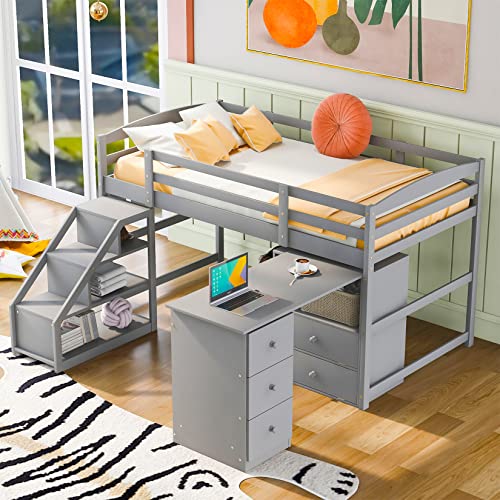 Low Loft Bunk Bed Twin Size, Multifunctional loft Wood Bed with Safety Guard & Movable Built-in Desk and Staircase,Space-Saving Noise Free (Gray)