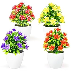 4 stuks kunstbloemen, kunstbloemen in pot, mini-kunstplanten, planten als echt in pot voor tafeldecoratie, binnen- en buitendecoratie, tuin, café, kantoor