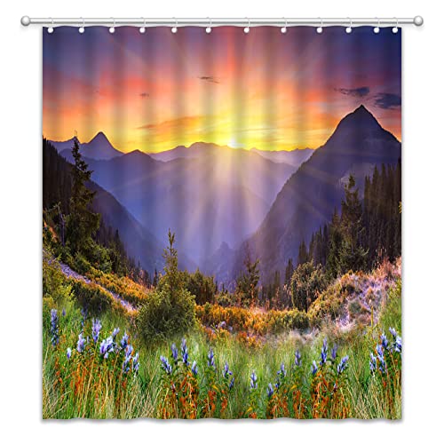 Forest Shower Curtain Nature Mountain Scenic Sunset Outdoor Life Wildflower Trees Jungle Landscape Vintage Country Valley Rustic Rv Camping Mountain Peak Scenery Fabric Bath Decor Curtain With Hook #TOP9