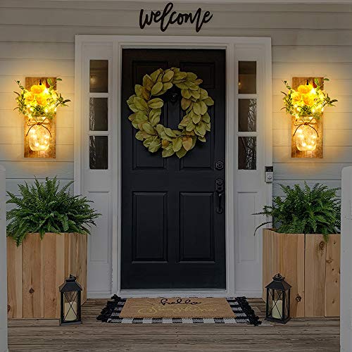 Image of Wall Decor Mason Jar Sconces - Rustic Farmhouse Home Decor with Remote Control Wall Lights and Yellow Rose for Bedroom Wall Decor Living Room Kitchen Decorations Set of Two
