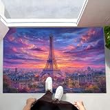 Paillasson Interieur Entree 90 x 150 cm, Tapis Antidérapant Coucher De Soleil À Paris Tapis de Porte Vue Romantique Sur La Ville Absorbant, Lavable pour Chambre, Cuisine, Entrée, Couloir - Violet