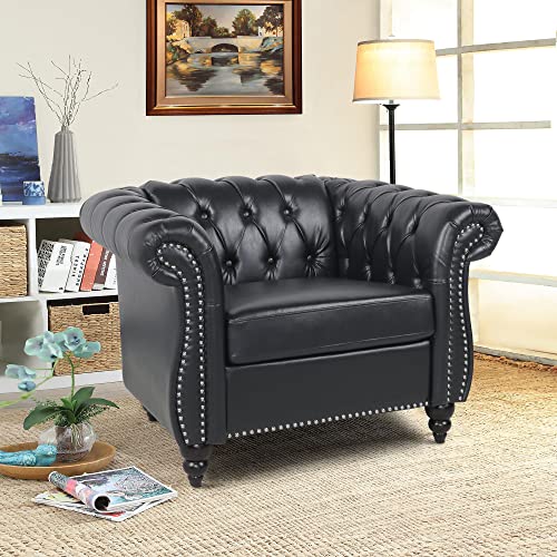 Chesterfield Chair, Modern Leather Tufted Accent Sofa Couch Chair With Rolled Arms And Nailhead For Living Room, Bedroom, Office, Apartment (Black) #TOP7
