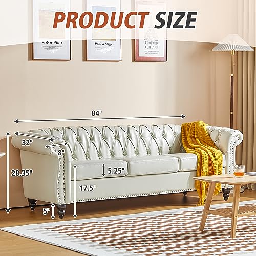 Image of QHITTY Accent Large Sofa, Chesterfield Couch 3 Seater Modern Leather Couch Upholstered Sofa with Tufted Back for Living Room Furniture (White)