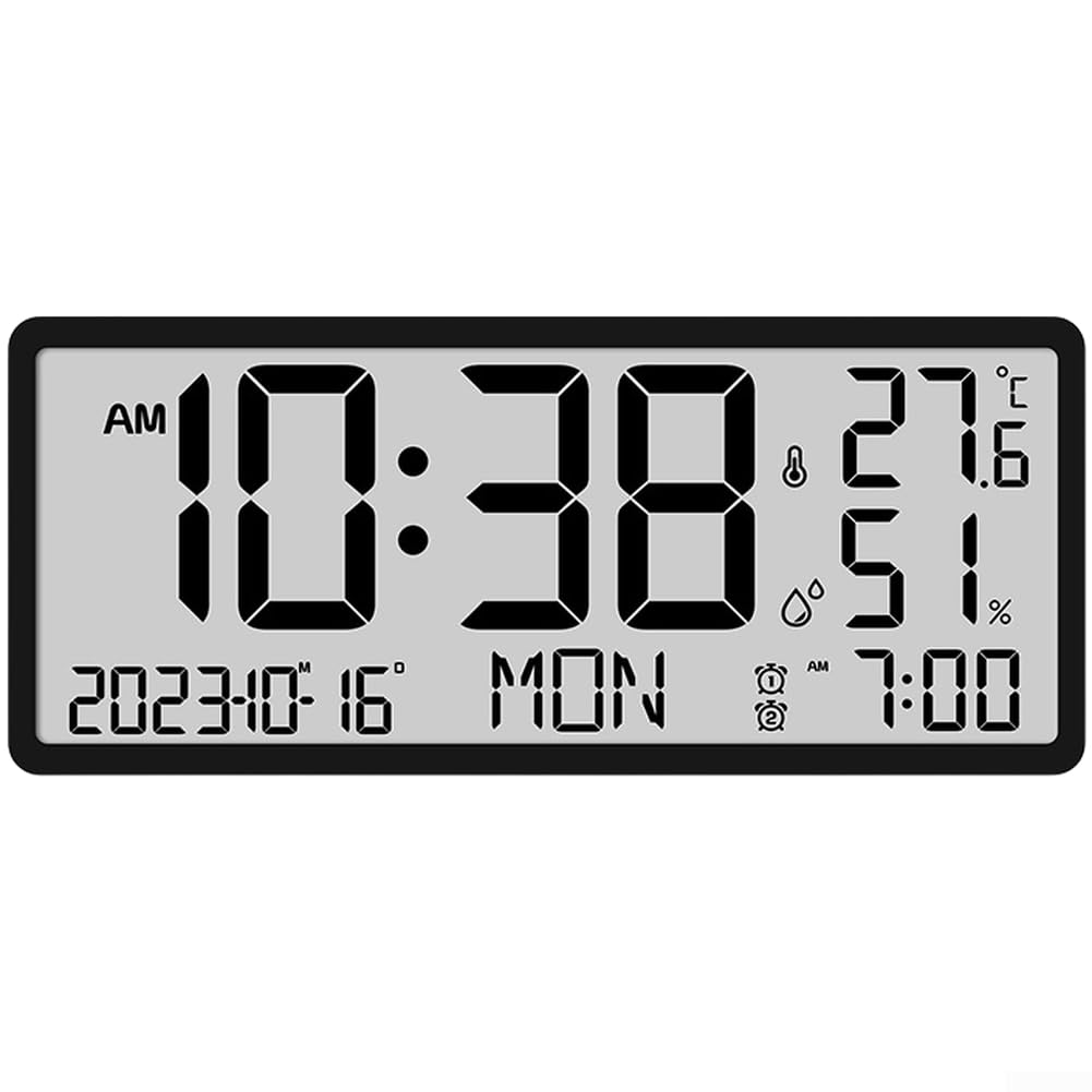 Reloj de pared LCD de pantalla grande, reloj despertador digital con temperatura, fecha, fase lunar, funciona con pilas, diseño rectangular moderno para sala de estar, color negro