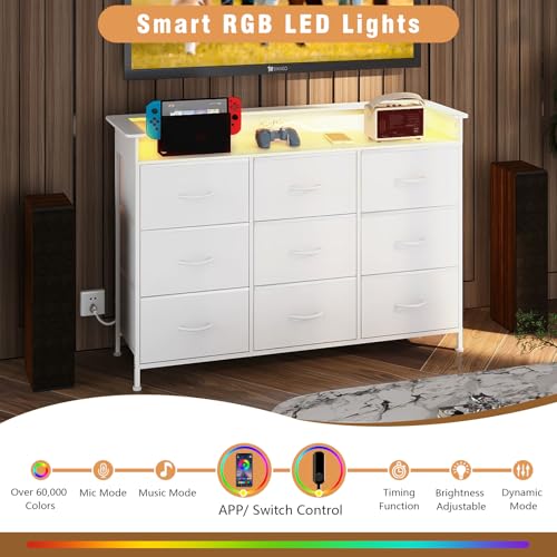 EXOTICA White Dresser with LED Light for Bedroom 9 Drawer Dressers with Charging Station Chests of Drawers for Entryway Closet Living Room Hallway Sturdy Steel Frame Wooden Top Easy Pull Handle - Image 5