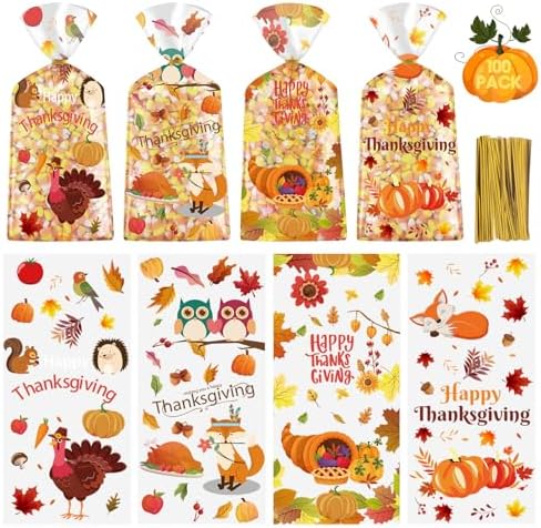 Litmitfu 100 Pcs Happy Thanksgiving Treat Bags - Plastic Fall Thanksgiving Gift Bags, Clear Autumn Goodie Candy Favor Cellophane Bag with Gold Twist Ties for Thanksgivings Party Favors Supplies