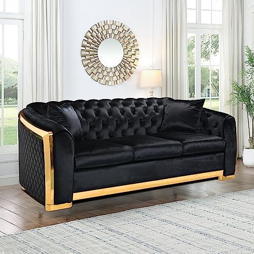 Amazon.com: Tatub 89 Inch Velvet Chesterfield Sofa, Black Velvet Couch ...