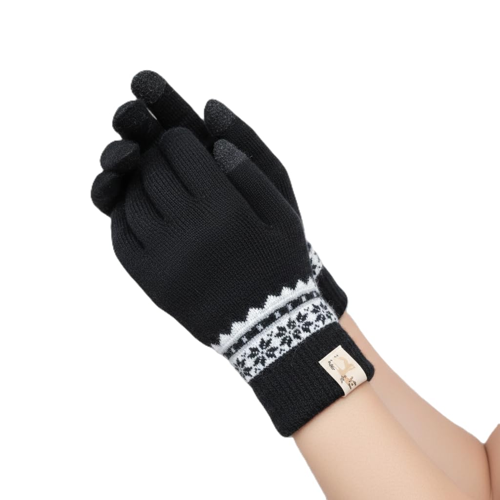 Women's Winter Gloves Black Knit Thermal Warm Touchscreen Gloves with Nordic Pattern Cuff for Cold Weather Outdoor Activities
