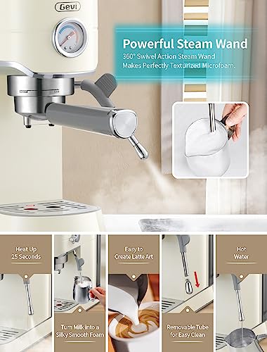 Gevi 20 Bar Compact Professional Espresso Coffee Machine With Milk Frother/Steam Wand For Espresso, Latte And Cappuccino, Stainless Steel, 35 Oz Removable Water Tank, Beige #TOP4