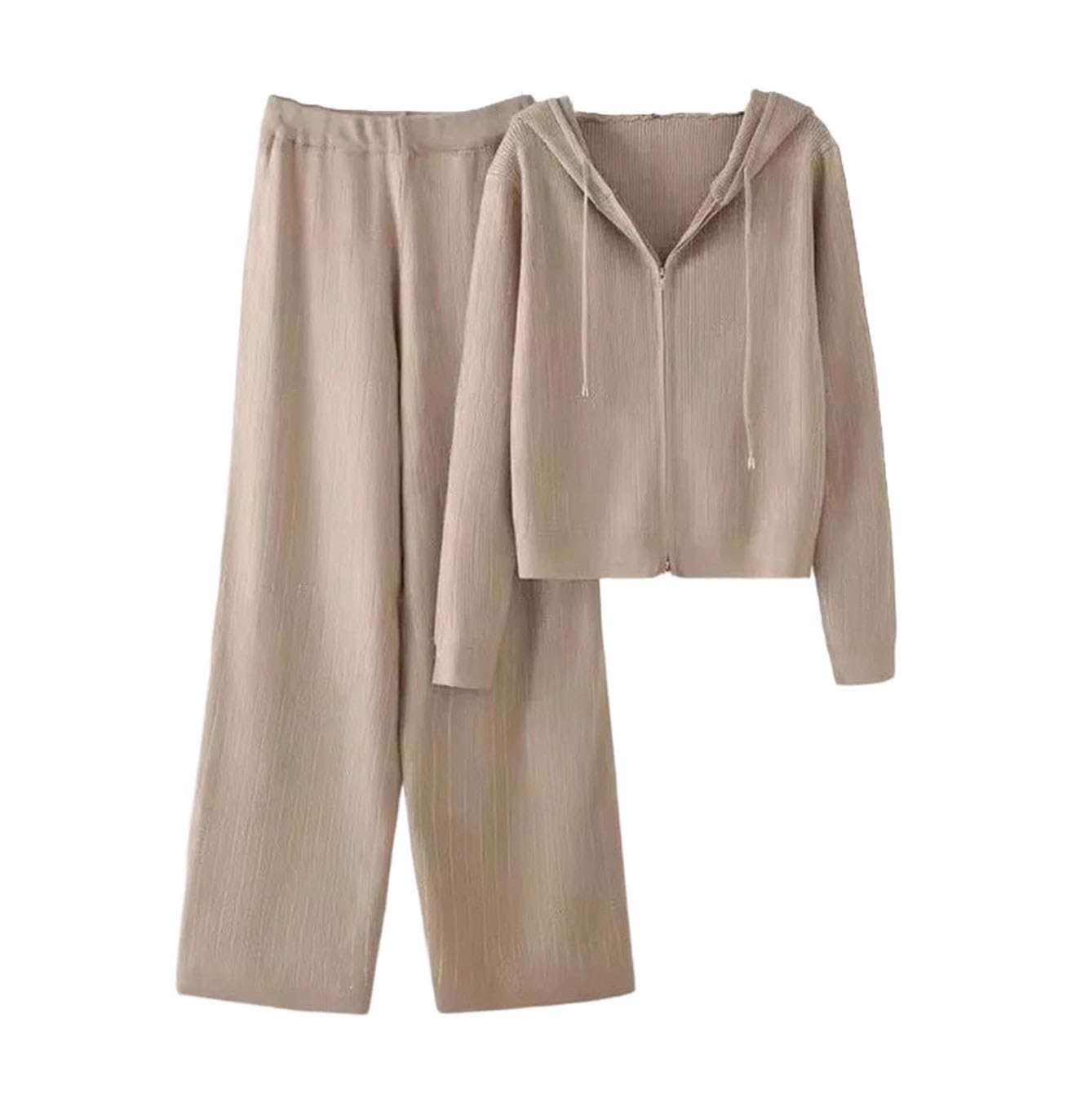 Ensemble 2 pièces en maille femme pantalon large taille haute kaki