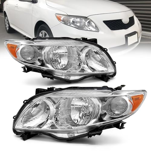 Headlight Assembly Compatible with 2009 2010 Toyota Corolla with 09 10 Corolla Base/CE/LE/XLE Models North America Built Vehicle Clear Lens Chrome Housing Amber Reflector Replacement Pair(W/O Bulbs)