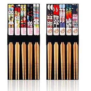 10 Pairs Natural Reusable Bamboo Chopstick with Fortune Print Cat,10 Color Eco-Friendly Bamboo Chopsticks 9 Inch,Washable for Dishwasher Chinese Tableware Set for Sushi Noddles Ramen Rice