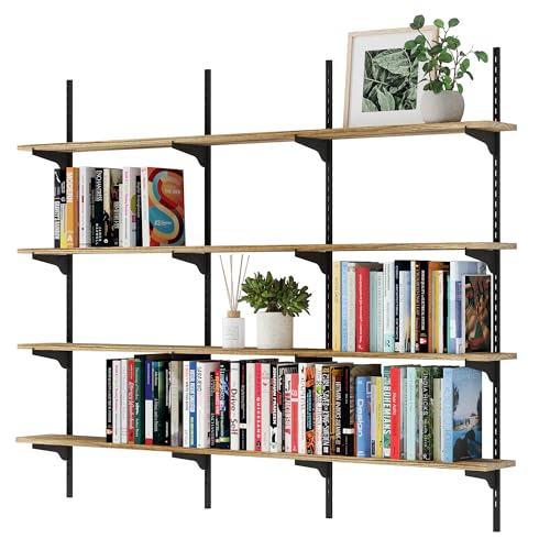 Wallniture Turin 60 Inch Floating Shelf, Adjustable Wall Shelves, Wood Shelving, Wooden Floating Shelves, Wall Mounted Bookshelf, Storage for Living Room, Kitchen, Office, 4 Tier, Burnt Finish