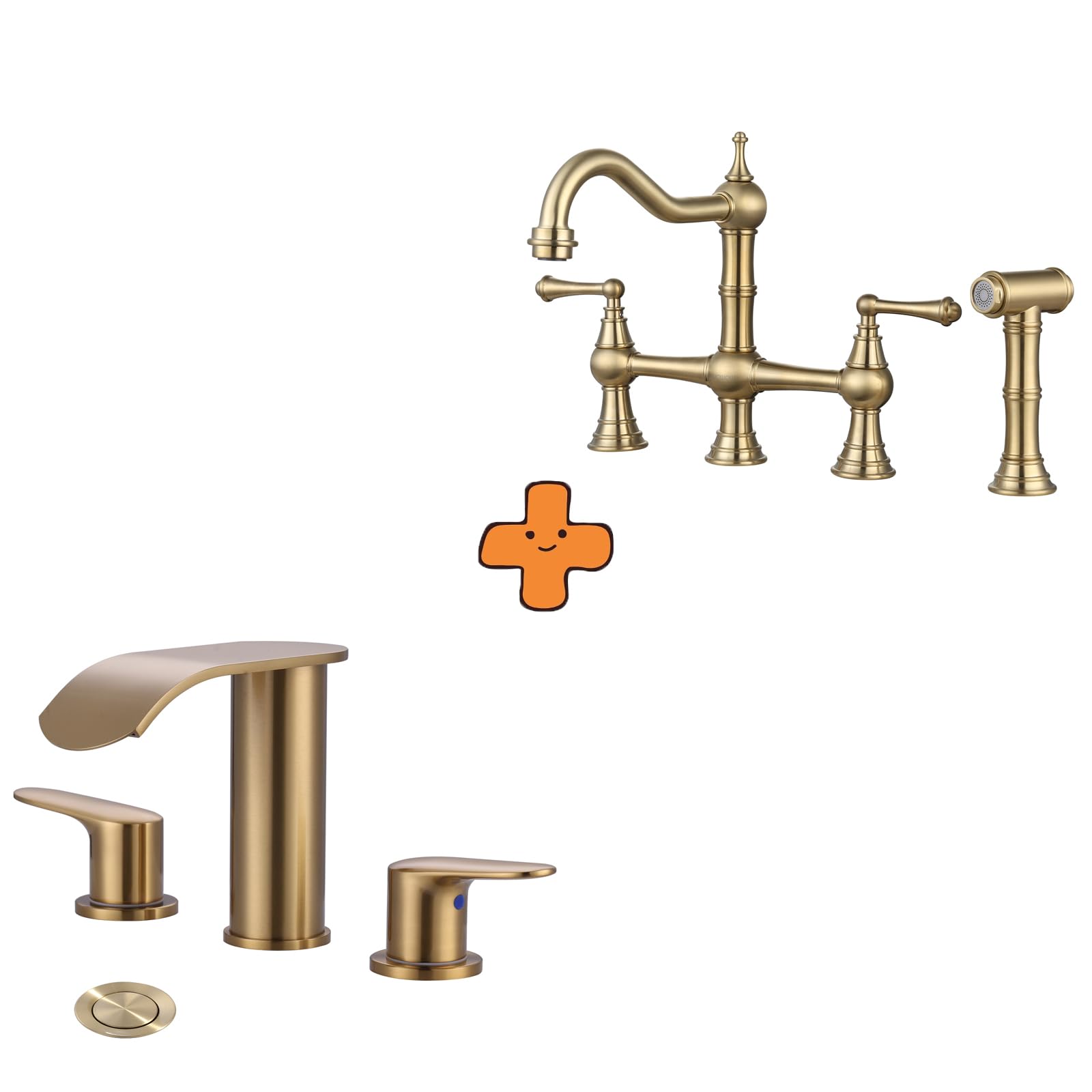 Jnfidosr Gold Waterfall Bathroom Faucet 3 Holes 8Inch Widespread Bathroom Sink Faucet And 8 Inch Centerset Bridge Kitchen Faucet With Brass Side Sprayer 2 Handles 4 Holes