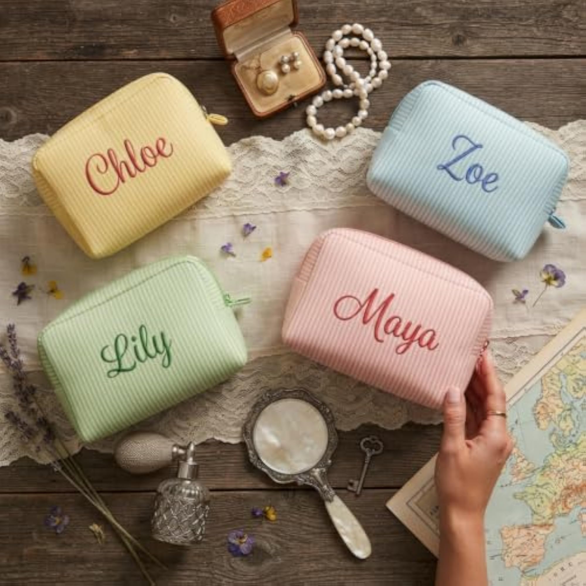 Personalised Striped Embroidered Cosmetic Bag, Customised