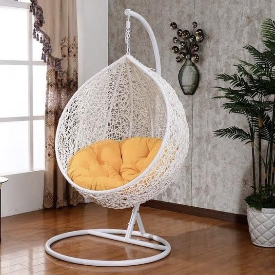 Image of Single Seater Swing Chair with Stand & Cushion Outdoor Indoor Balcony Garden Patio, Powder Coated Frame, UV-Protected Wicker, Premium Cushion, Swing Chair (White-Yellow)