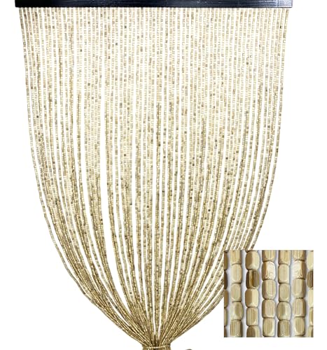 Tex Family Rideau Perline Bois Beige Artisanal Nature - Fils Bambou 100% Naturel - Barre Noire - Usage Intérieur - Décoration de Porte et Séparateur - 120x220 Cm