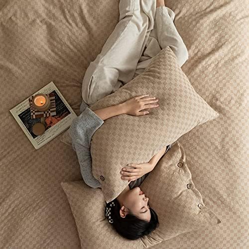 Miniatura 4 de Juego de ropa de cama de algodón lavado, funda de edredón doble, con botones, tejido de gofre, suave, 4 piezas, sábana bajera ajustable