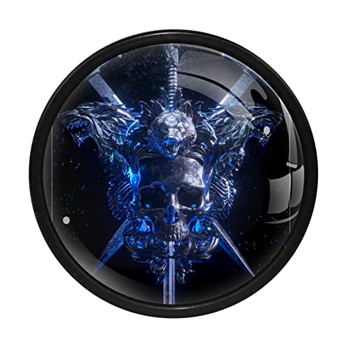 4 Poignées De Tiroir. Épée Tête De Mort Bleue Boutons De Tiroir En Verre Cristal 30 Mm Avec Vis Pour Cuisine, Commode, Placard, Salle De Bain, Armoire 3.3x2.5 cm Cover