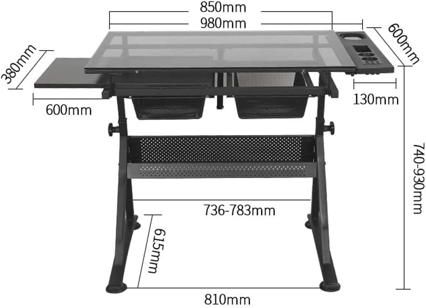 Black Drafting Table with Storage, Height Adjustable Tiltable Art Desk, Glass Panel Drawing Desk for Work Study Painting Craft Table