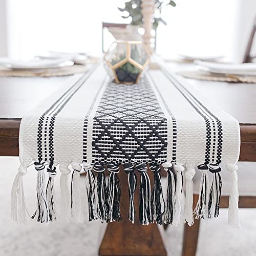 Urban Village 93" Boho Table Runner - Black and Off White Table Runner with Tassels - Bohemian Table Runner Boho - Rustic Table Runner- Farmhouse Table Runners, Woven Table Runner