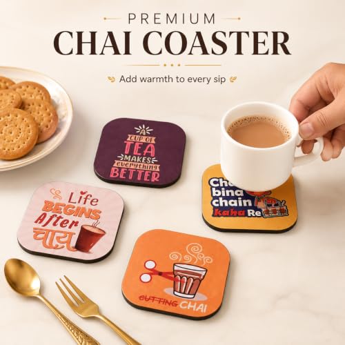 Image of GKD Glossy Wooden Tea Coasters Set of 4 | Premium MDF Drink Coasters with Glossy Finish for Tea Cups, Coffee Mugs & Glasses | Table Coaster Set for Dining Table, Coffee Table & Office Desk