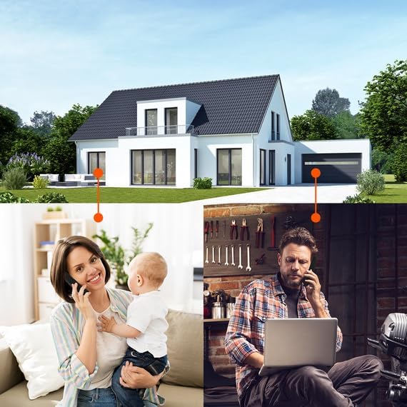 Illustration of the Gigaset Pure 100's extended range, showing a phone call from inside a house and another from a garage