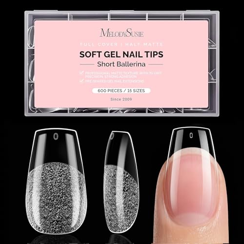 MelodySusie Short Ballerina X Nail Tips - 600Pcs 15 Sizes Clear Acrylic Half Matte Full Cover Press on Nails for DIY Extension & Salon Use Pre-Shaped for Long-Lasting Manicure