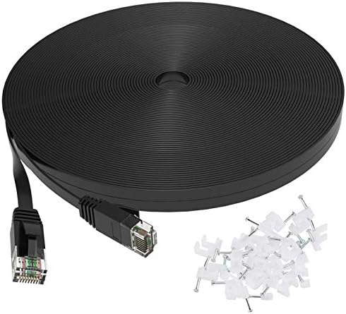 Cat 6 Ethernet Cable 50 Ft, Outdoor & Indoor, 10Gbps Support Cat7 Network, Heavy Duty Flat Internet LAN Patch Cord, Solid High Speed Weatherproof Cable with Clips for Router, Modem, PS4/5, Xbox, Black