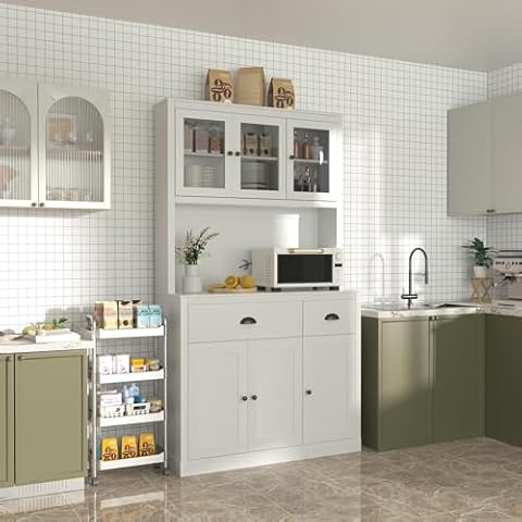 MUPATER Kitchen Pantry Storage Cabinet with Microwave Stand, 71'' Freestanding Hutch Cabinet with Buffet Cupboard, Drawers and Doors for Home, White Cover