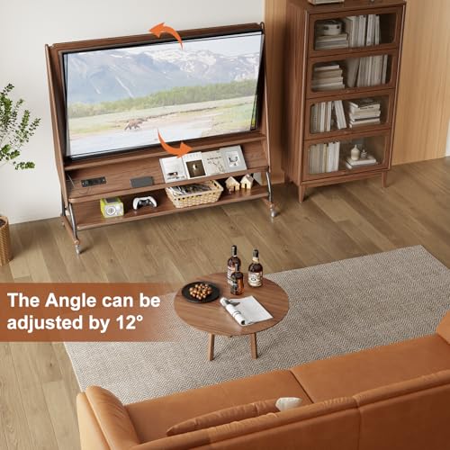 Image of Soild Wood Rolling Tv Stand with Wheels 40-65 Inch,media console Tv Cart, Monitor Floor Mount Stand entertainment center, Mobile Bedroom Wood 3 tier open Storage Stand with Outlet and Shelves