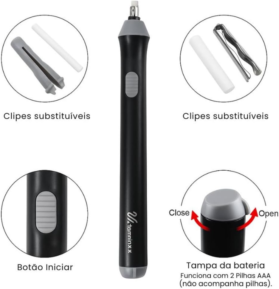 Kit Borracha Elétrica 25 Peças Portátil com Design Ergonômico – Ideal para Desenhos Técnicos, Esboços Artísticos, Escrita e Correções Precisas, Leve e de Fácil Uso Á Pilha Preto Premium Kit Borracha Elétrica 25 Peças Portátil com Design Ergonômico – Ideal para Desenhos Técnicos, Esboços Artísticos, Escrita e Correções Precisas, Leve e de Fácil Uso Á Pilha Preto Premium