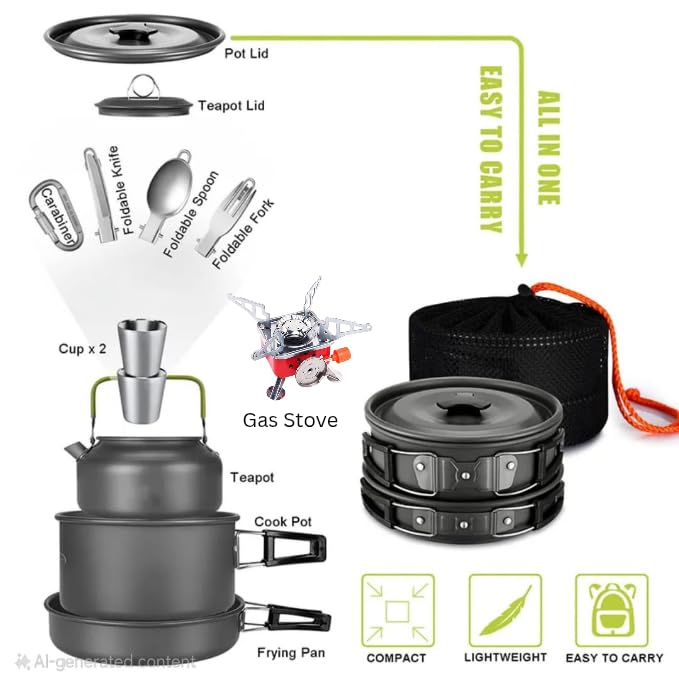 Image of 14-Piece Camping Cookware Mess Kit with Gas Stove, Lightweight Nonstick Pot & Pan Set with Spork, Bowls, Kettle & Travel Bag - Compact Outdoor Cooking Gear for Backpacking, Hiking, Scouts