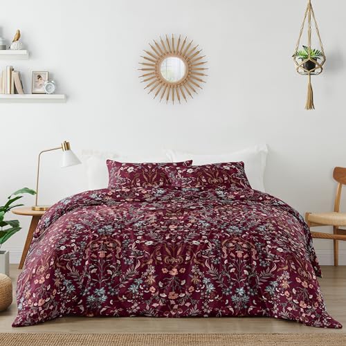 Sweet Jojo Designs Boho Wildflower Vintage Floral Girl Queen Duvet Cover Bedding Set Full Size Bed Comforter Case Shams 3pc Burgundy Red Orange Botanical Garden Flower Bohemian Farmhouse Cottagecore