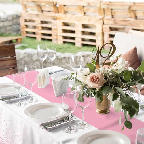 16Pack Disposable Plastic Tablecloths and Satin Table Runner Set White and Pink Dot Table Cloth Gold for Graduation Wedding Engagement Birthday Baby Shower Anniversary Holiday Party Decorations by MASHAN - Used condition - Image 4