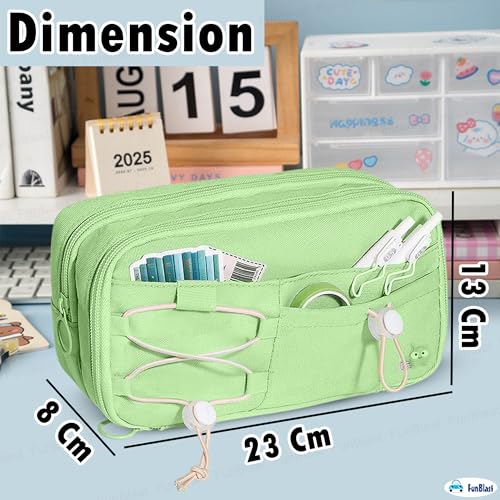 Image of FunBlast Pencil Pouch for Girls - Aesthetic Multi-Compartment Zipper Pouch with Drawstring Pocket, Cute Kawaii Pencil Case, Stylish Stationery Pouch, Return Gift for Kids & School Use (Green)