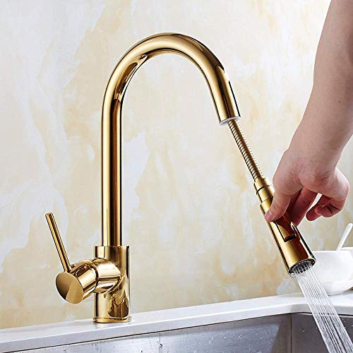DRFGNF Grifo Monomando Giratorio 360 Grados, Compatible con Grifo de Cocina con Cabezal de Enjuague Doble extraíble de latón Dorado, Grifo Basinxer, grifos de Agua fría y Caliente, sin Plomo y sin