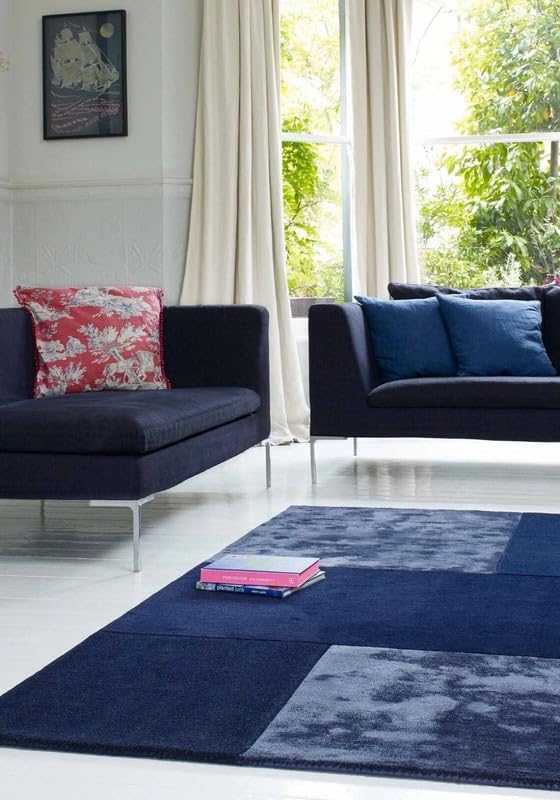 Hand Tufted Blue Abstract Patchwork Area Rug 10x14 ft (120x168 inches) | Oversized Carpet for Living Room & Hall | Soft Wool Rug