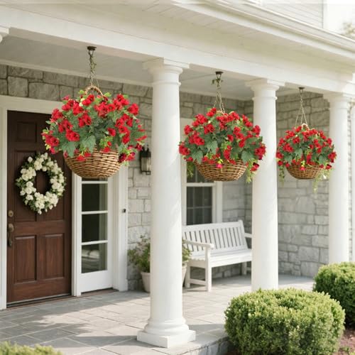 HAIDOLIANG Artificial Fake Flowers Plants for Outdoor Decoration, 2 Bundles Fake Flowers Silk Morning Glory UV Resistant Realistic Faux Flowers for Front Door Porch Patio Yard Window Box (Red) — view 4