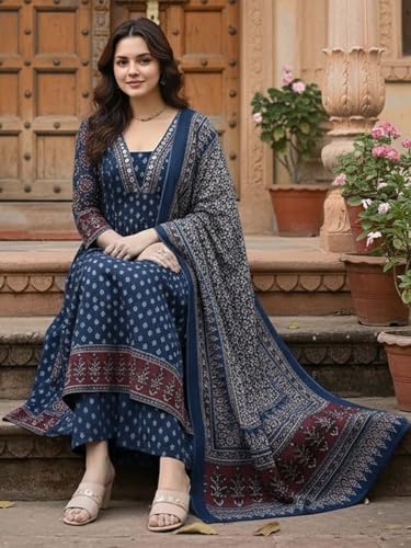 Image of ASSUME FAB Women's Blue Viscose Ajrakh Print Anarkali Kurta with Pant & Dupatta Set | Ethnic V-Neck Flared Salwar Suit for Wedding