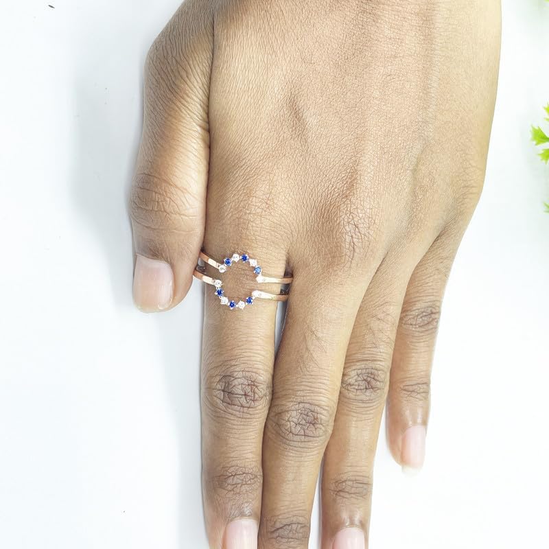 Blue Sapphire & Diamond Crown Shaped Curved Enhancer Guard For Women, 14K Gold Finish September Birthstone Sapphire U-Shaped Wrap Ring