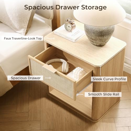 Image of Night Stand, 23.11 inch W Rattan Nightstand with 1 Drawer and Open Shelf, Faux Marble Top Bedside Table, Boho Mid Century End Table for Bedroom Living Room Sofa Office, Natural Oak [FSC Certified]